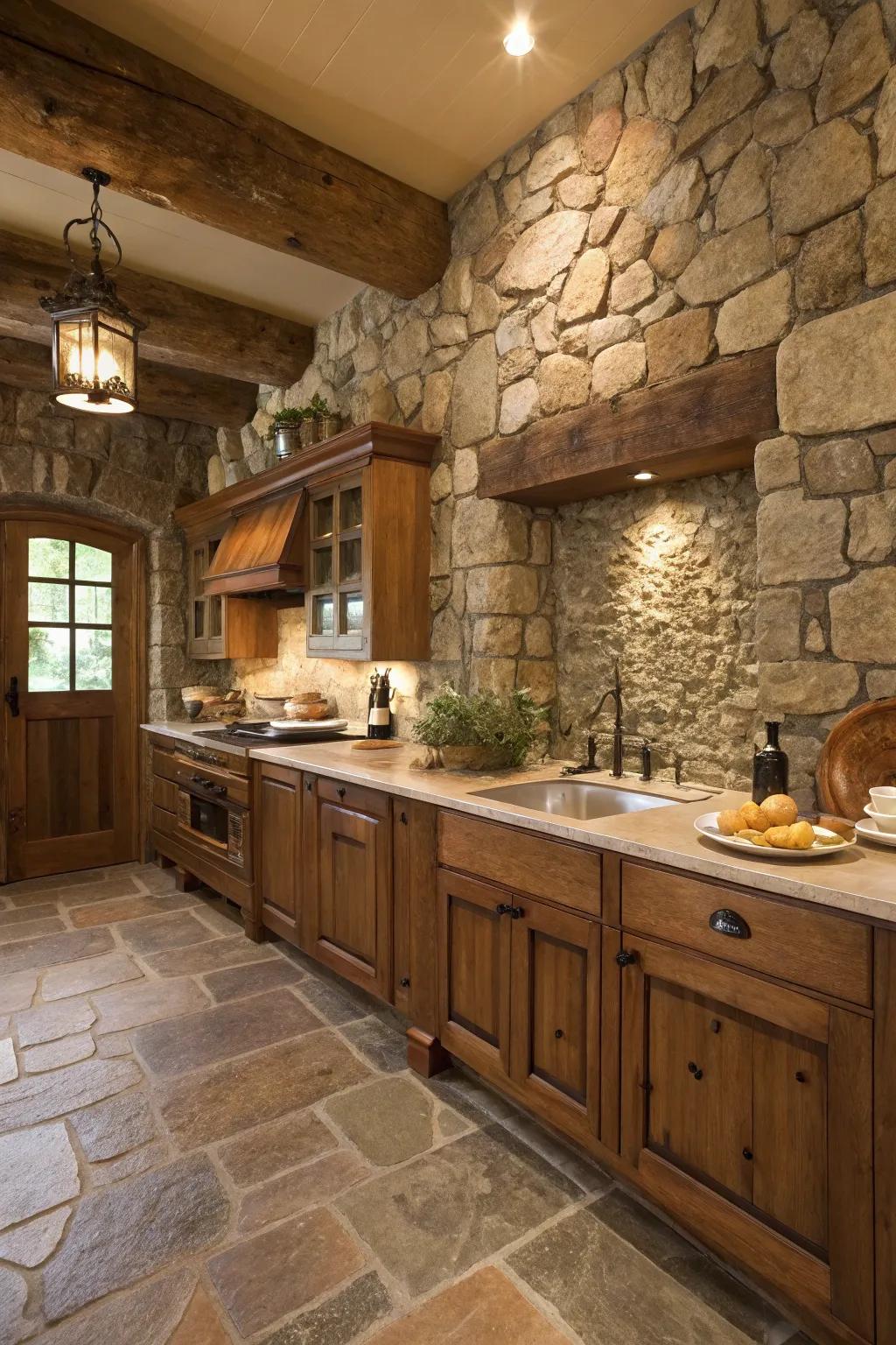Stonework adds natural texture to this country-style kitchen.