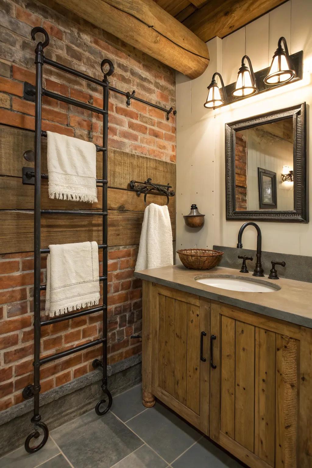 Worked iron towel holders add a rustic, factory touch.