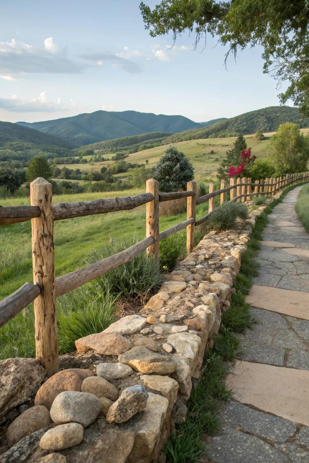 A split rail fence beautifully harmonized with natural stone elements.