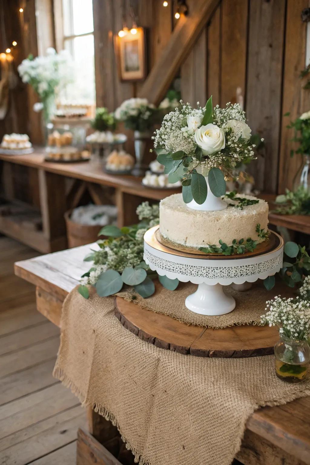 Sackcloth decoration adds cohesion to the rustic cake display.