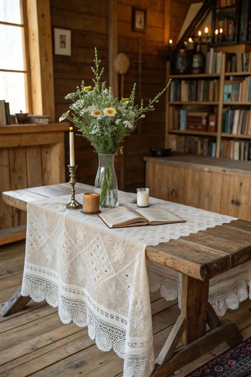 A delicate lace tablecloth enhancing the countryside charm.