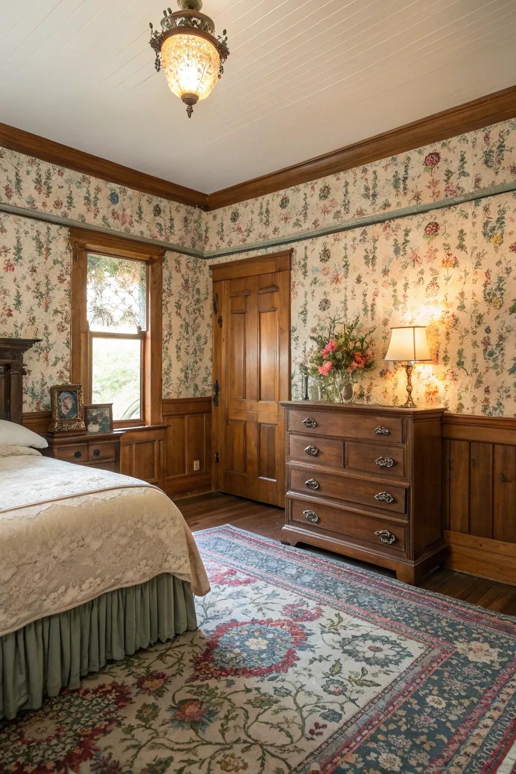 Blend paneling with wallpaper for a charming and vintage appearance.