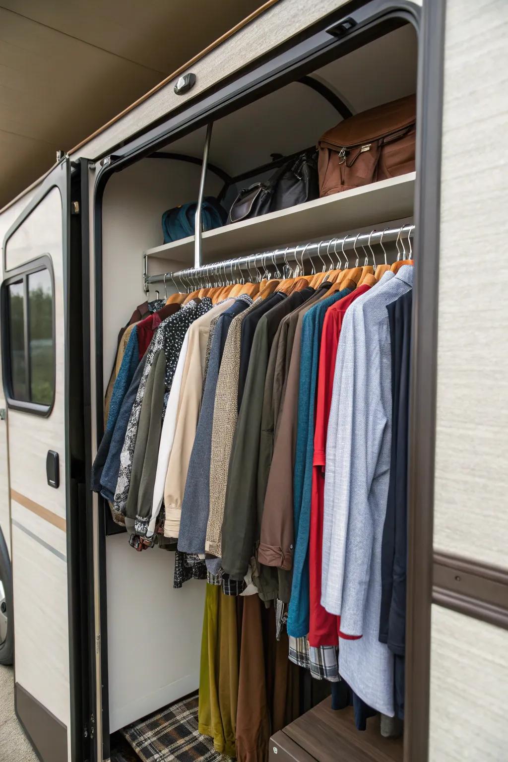 Tiered hangers make great use of vertical space in an RV closet.
