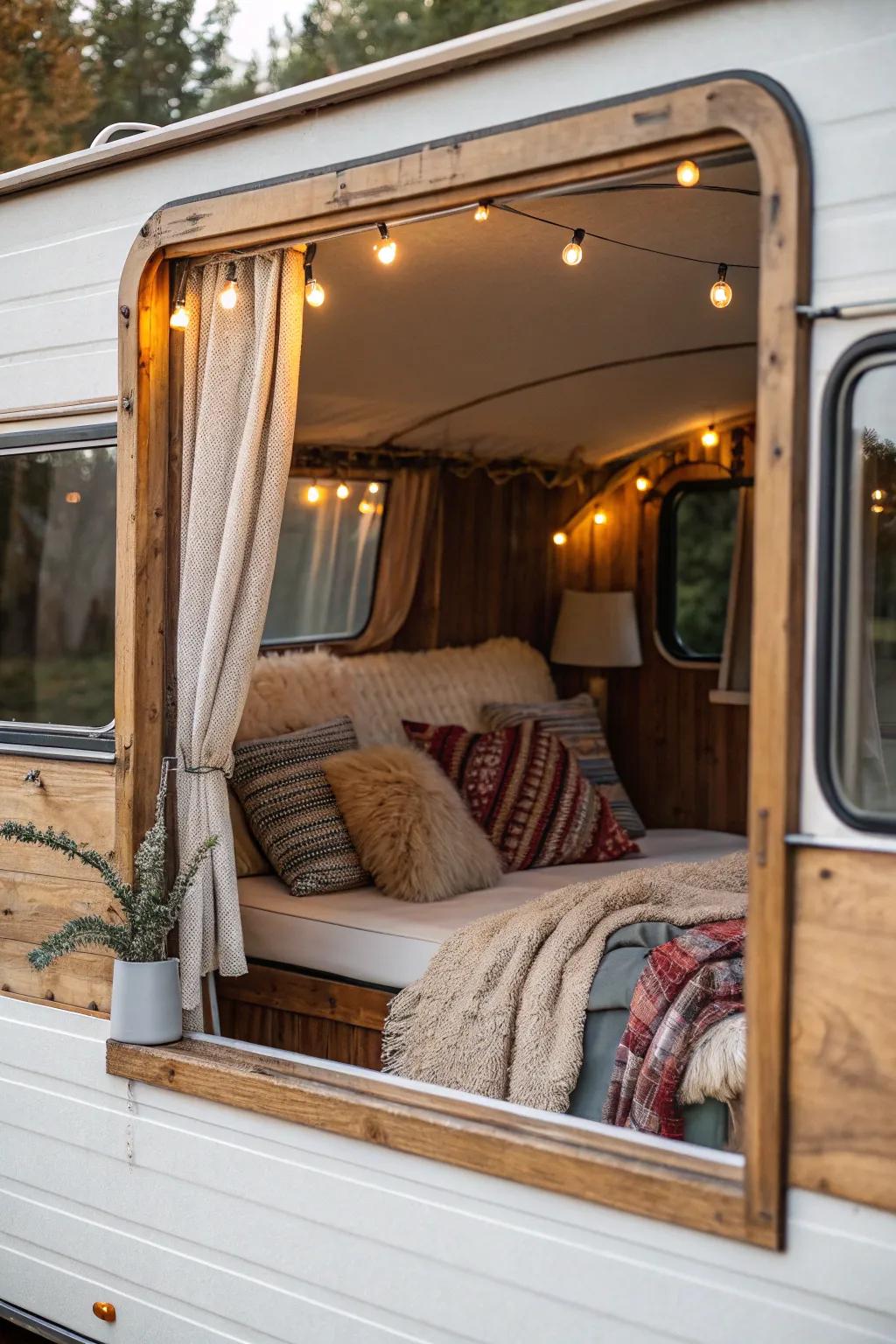 Aged lumber frames give RV windows a cozy, cabin-like appeal.