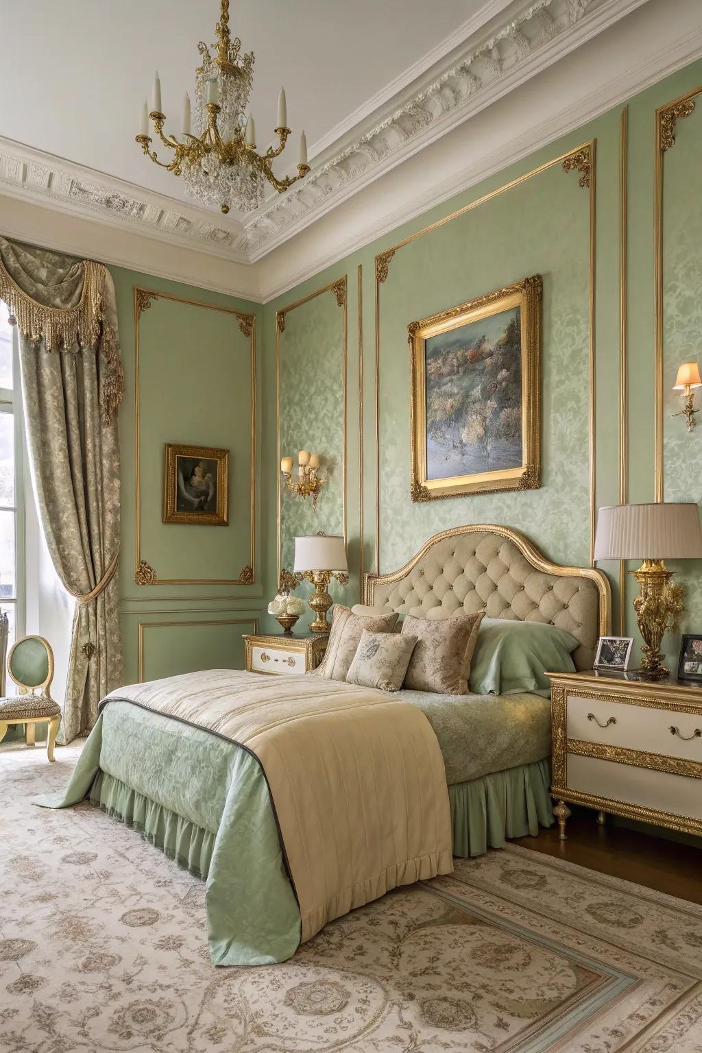 Sage green and gold accents combine to bring a polished elegance to your bedroom.