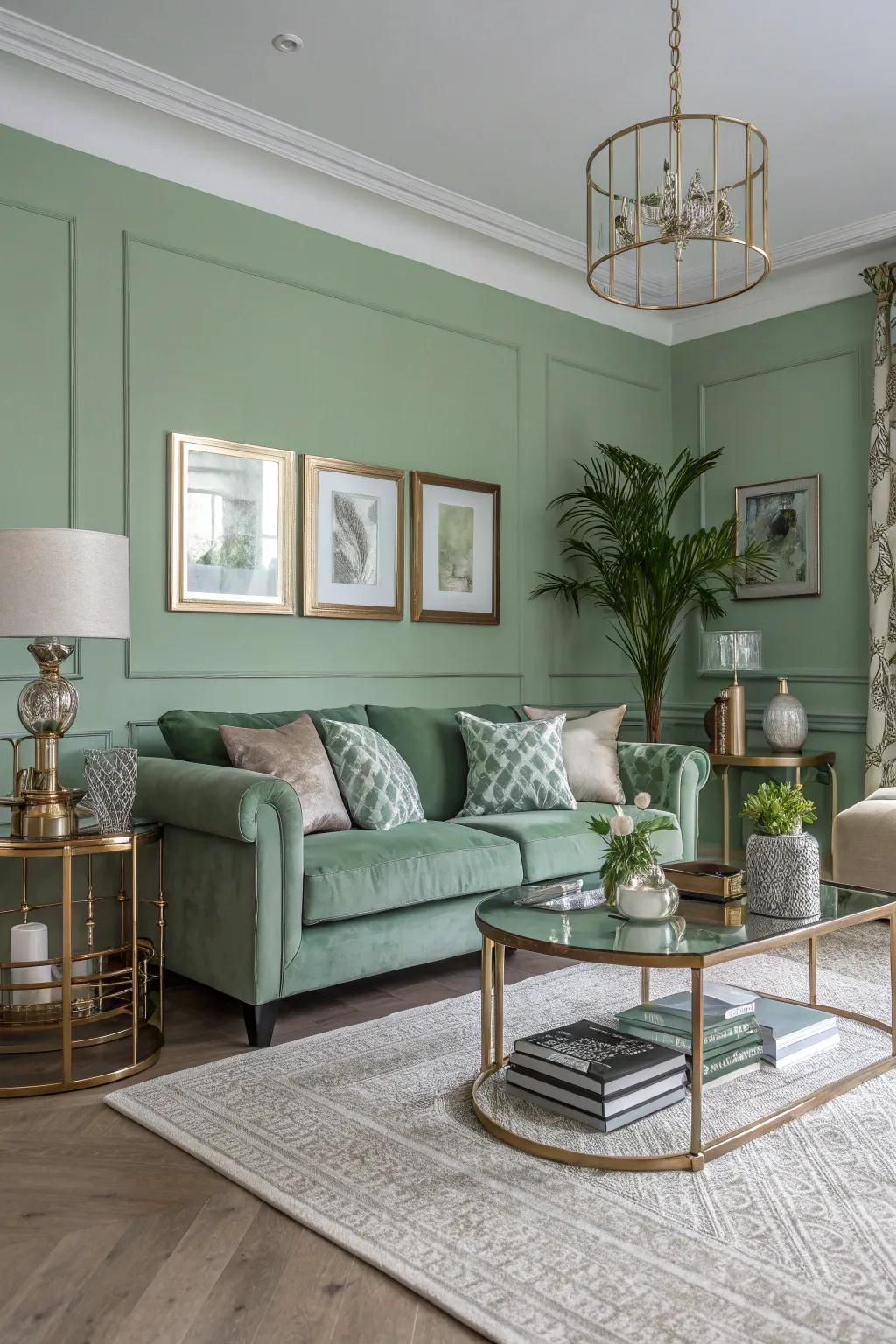Metal touches introduce a sophisticated shimmer to sage green interiors.