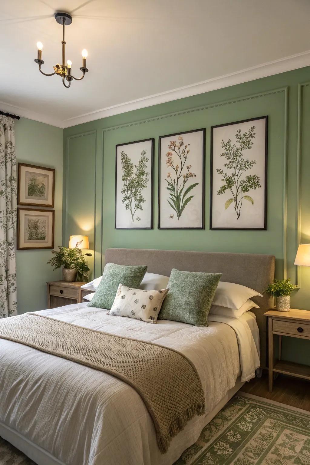 A bedroom that mixes sage green walls with plant-inspired artwork.
