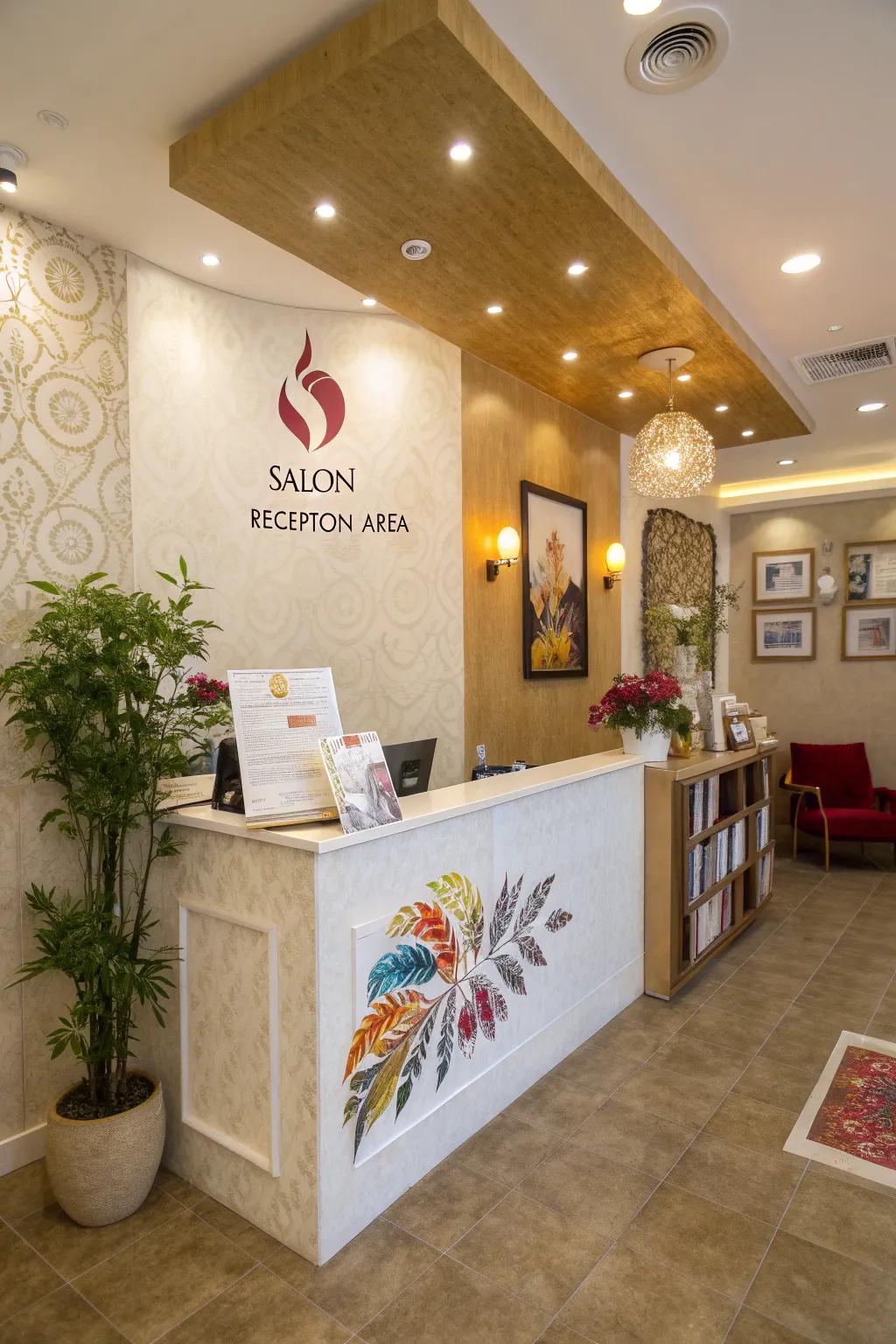 A salon reception space showcasing special branding through logos and color schemes.