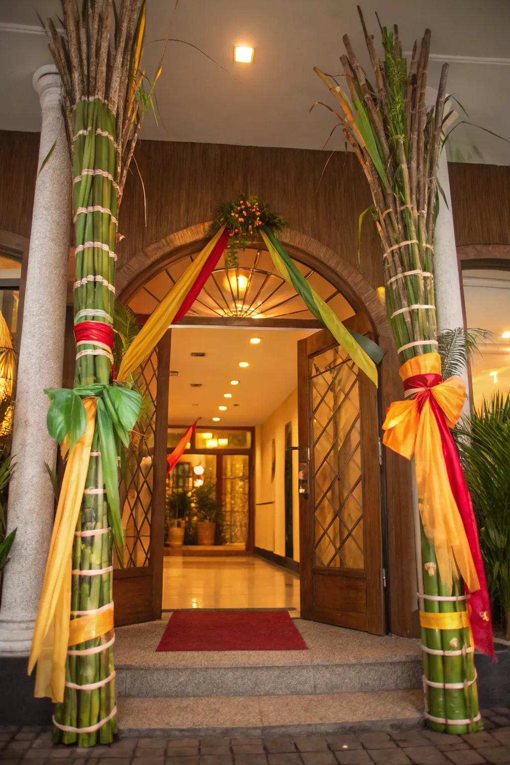 Sugarcane stalks infuse a rustic elegance into the entrance.