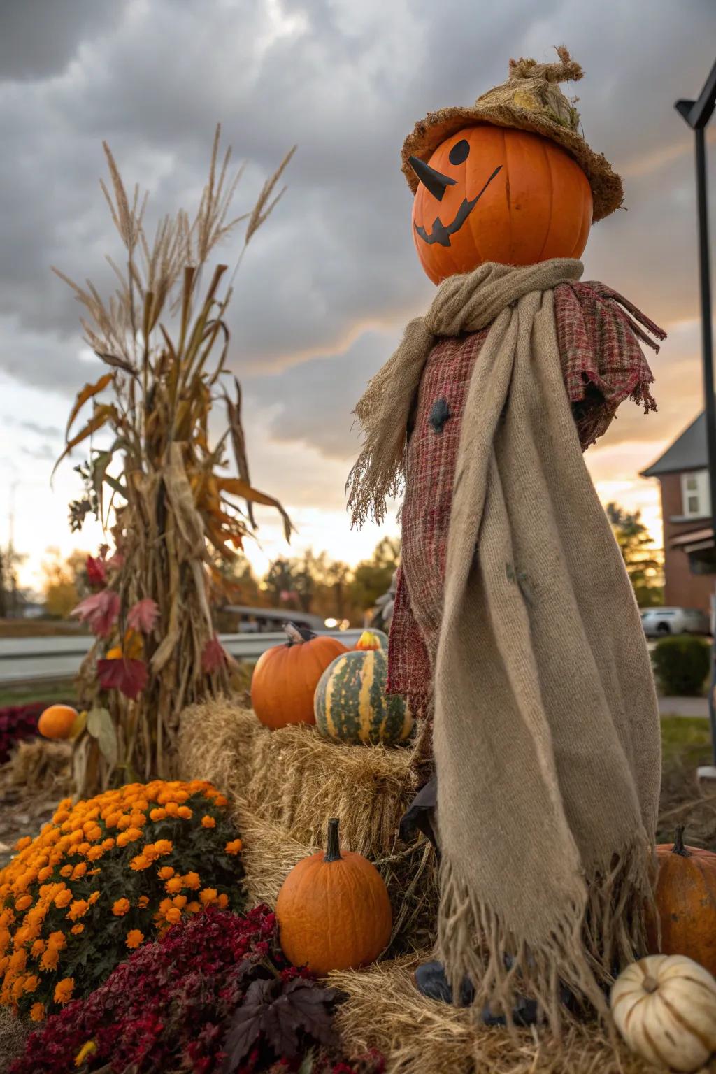 A rough textile scarf imparts a country nuance to the scarecrow pumpkin.