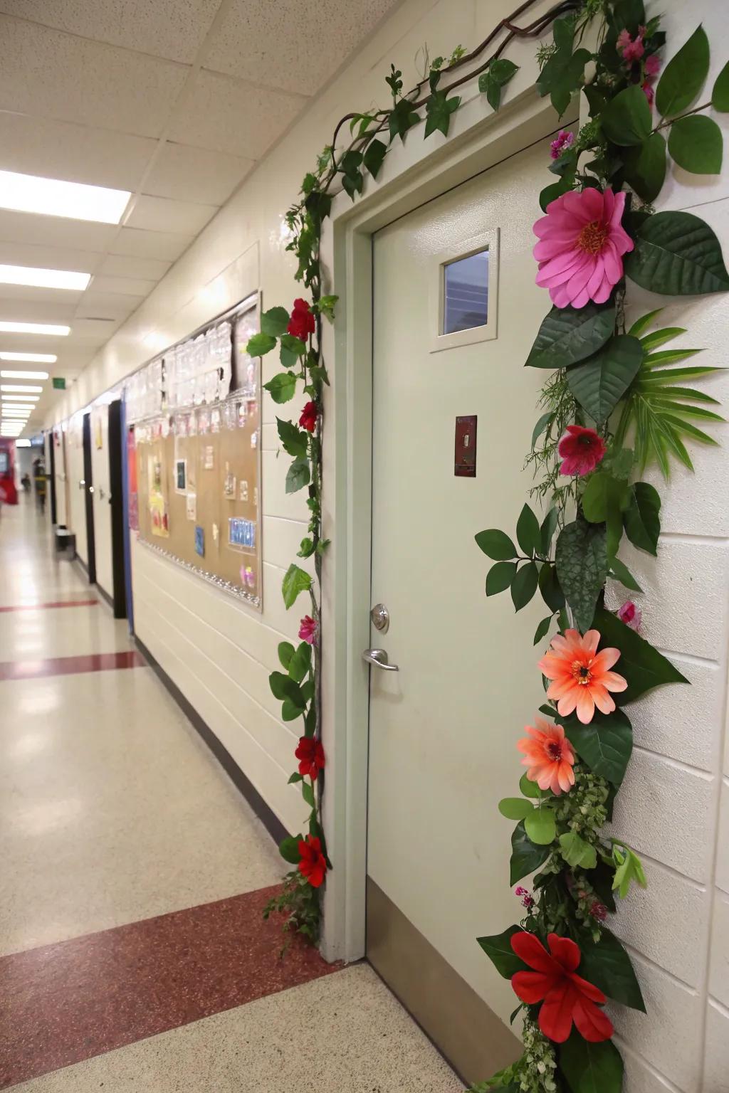 An educational entrance inspired by nature, featuring blossoms and plants.