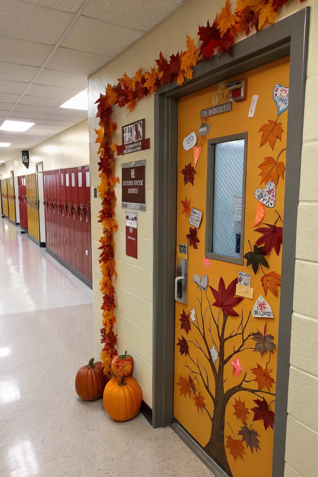 A festive school nurse’s door decorated for the fall season.