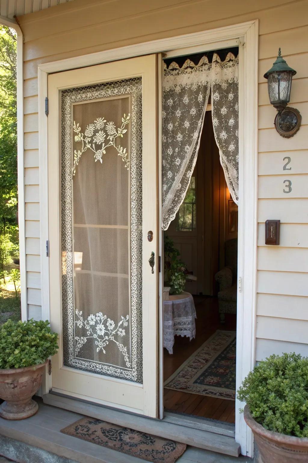 An stitched screen door adds a delicate, artsy touch to this home.
