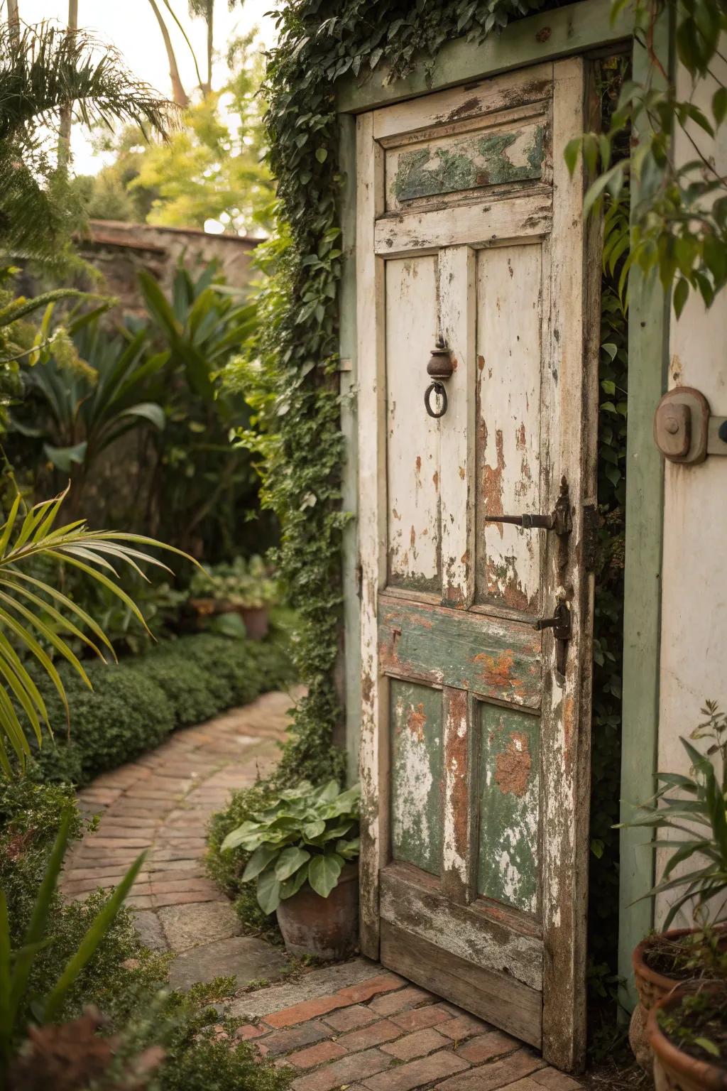 A vintage door adds personality and history to this secret garden.