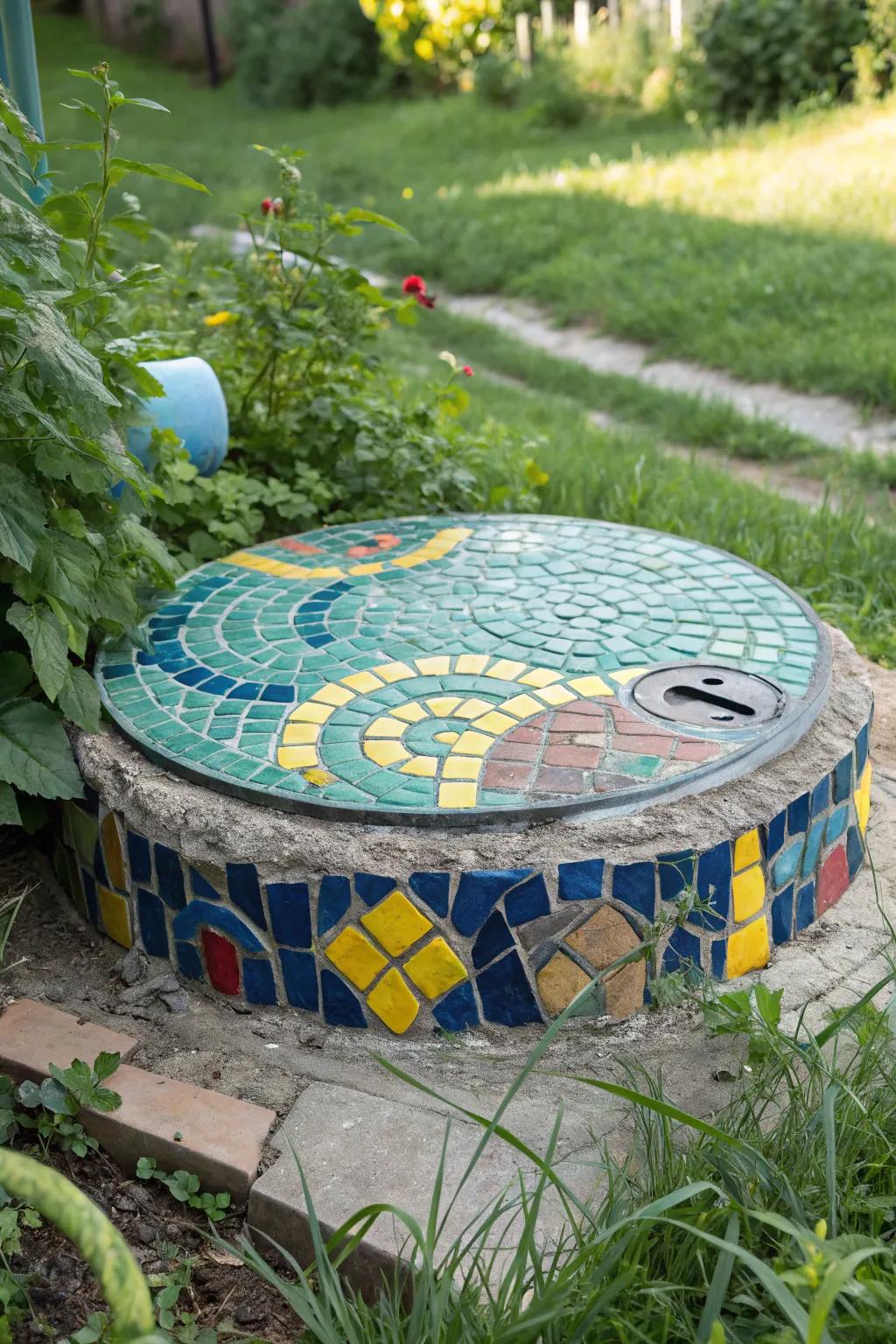 Mosaic designs infuse artistic flair into gardens.