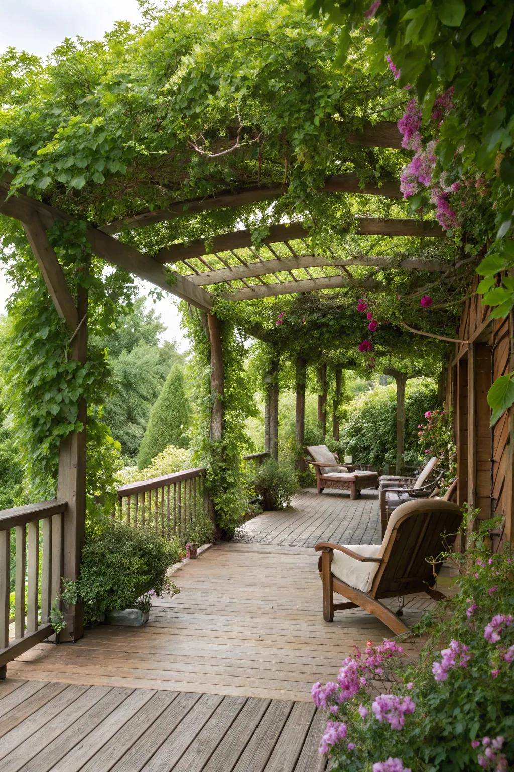 Vines transform your deck into a lush shaded sanctuary.