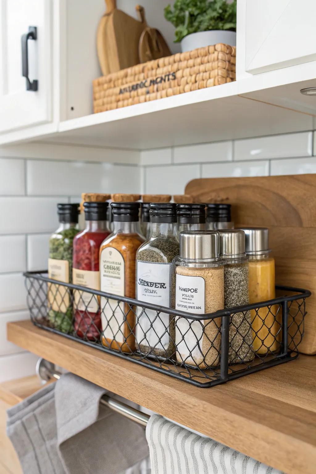 An under-shelf basket creates extra storage for protein mixers.