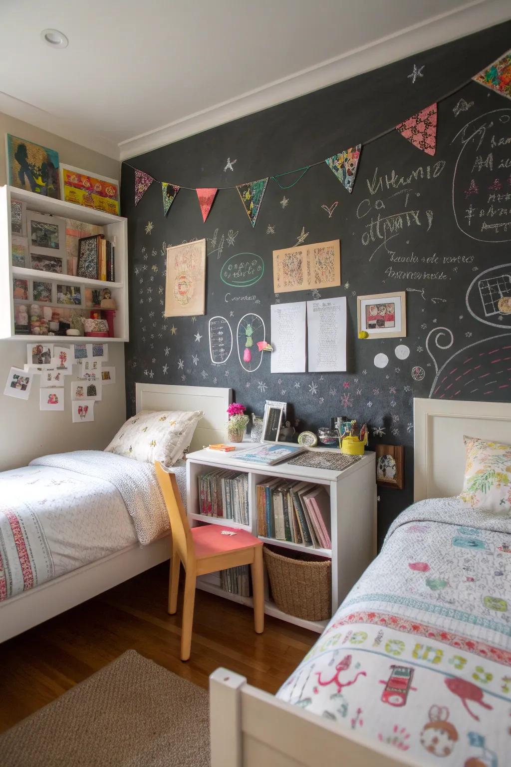 A chalkboard wall invites creativity and playful interaction.