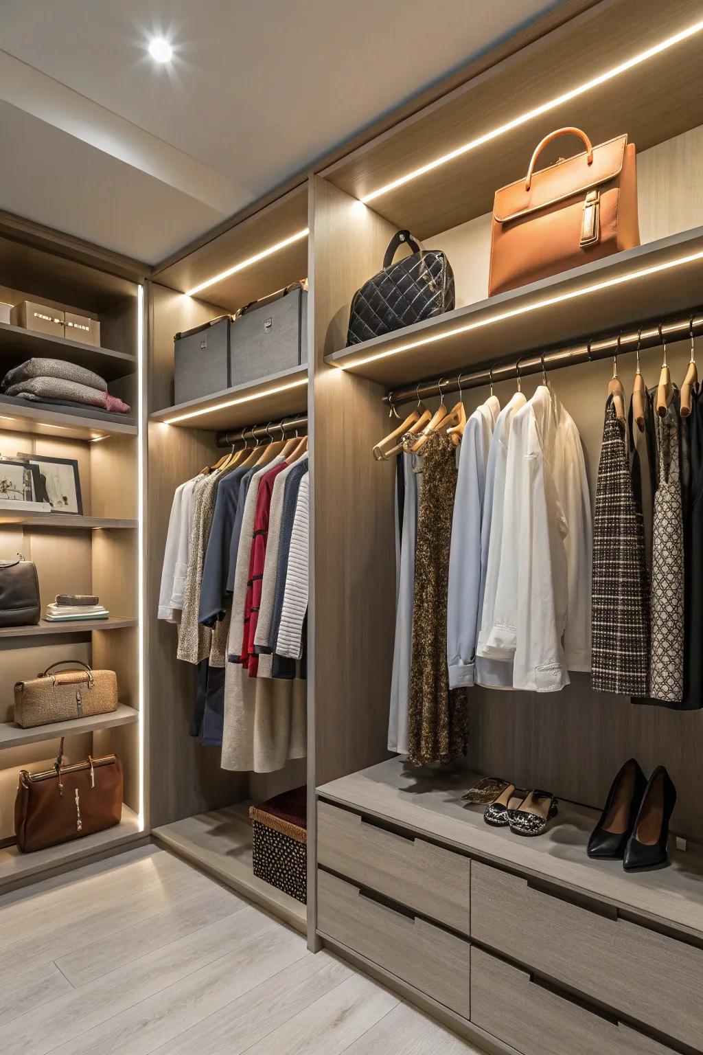 An elegant closet showcasing integrated lighting to amplify discernibility.