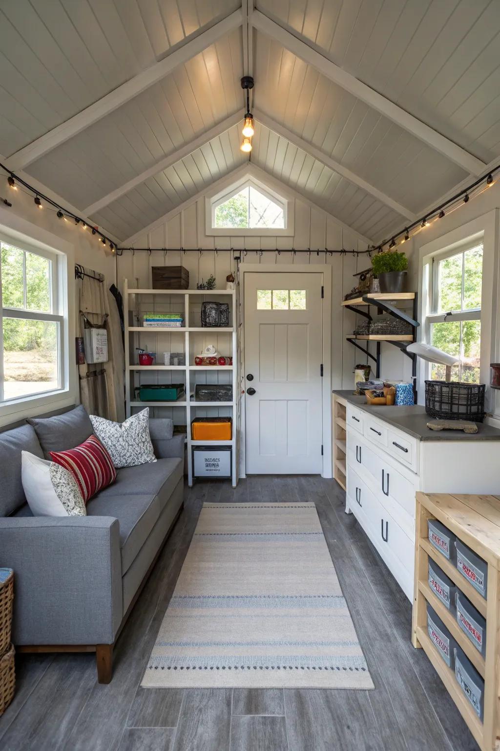 An efficiently laid out shed home interior that maximizes space.