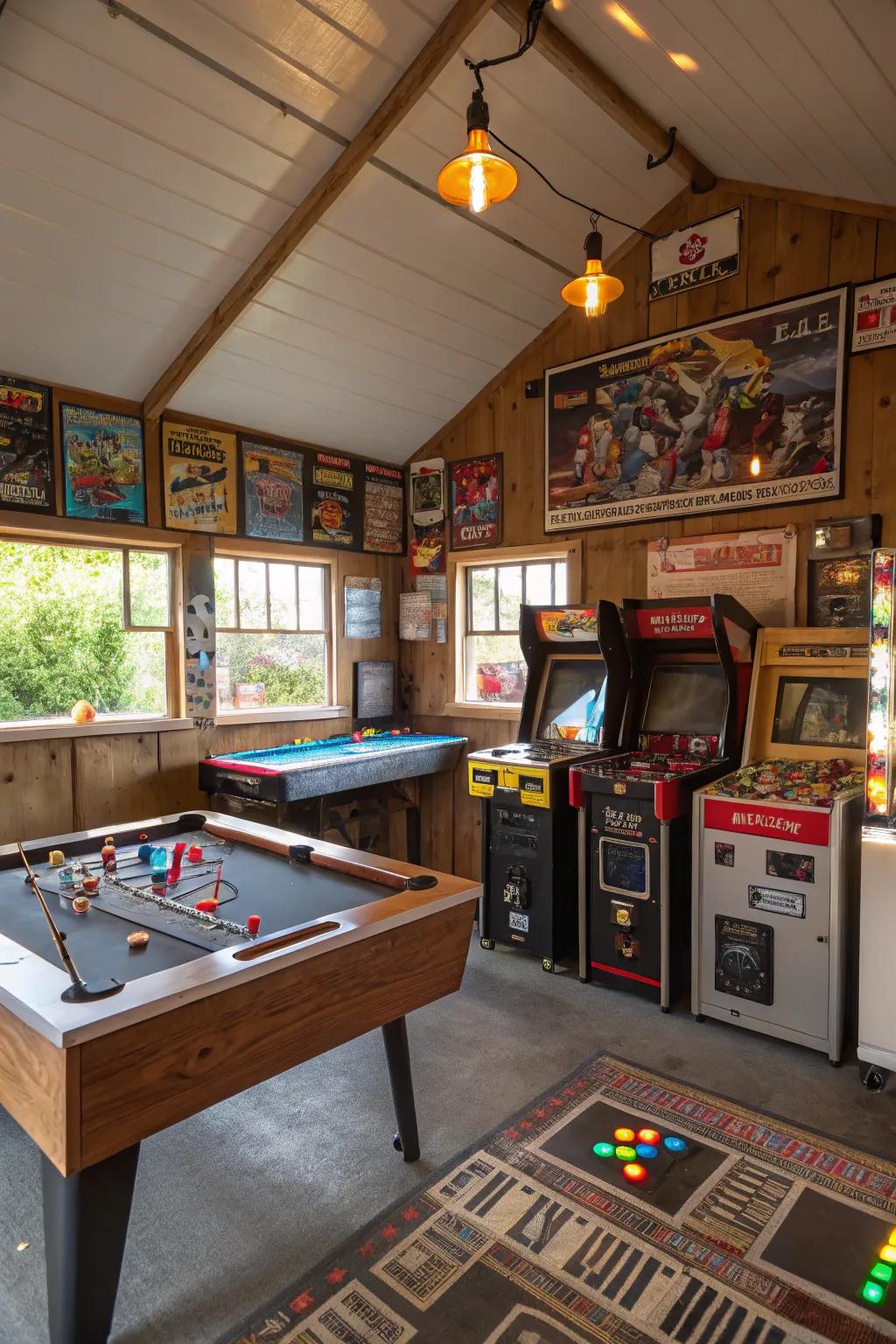 A shed turned into an entertaining playroom where friends and family can gather.
