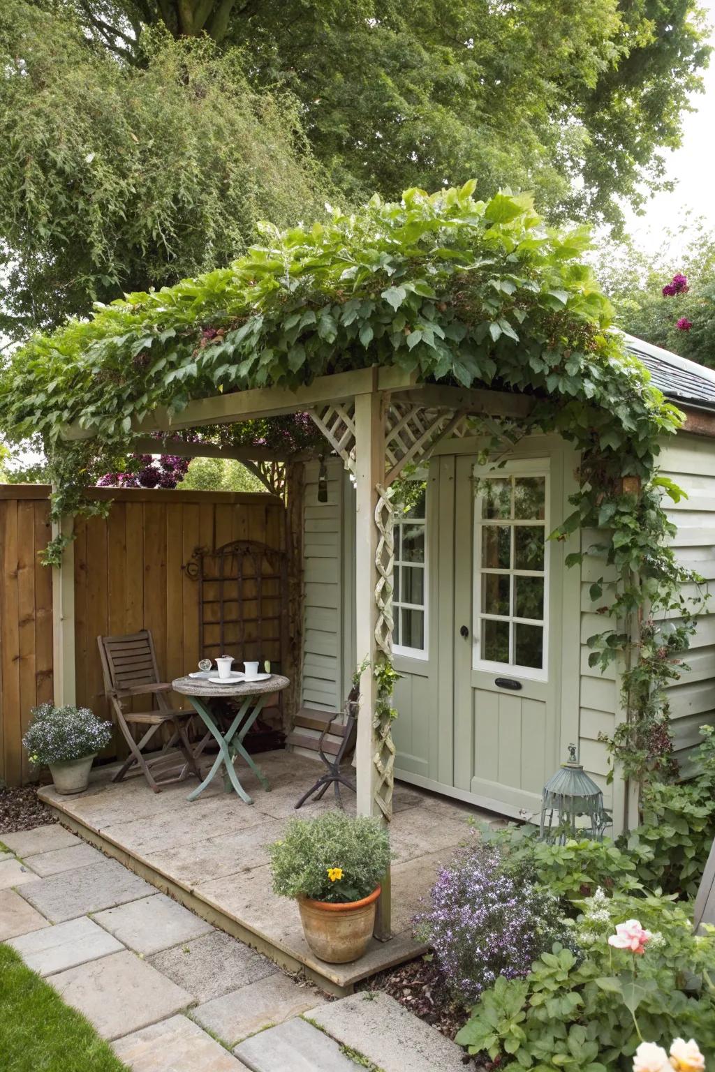 An outbuilding with a covered walkway extension delivers fashion and shade.