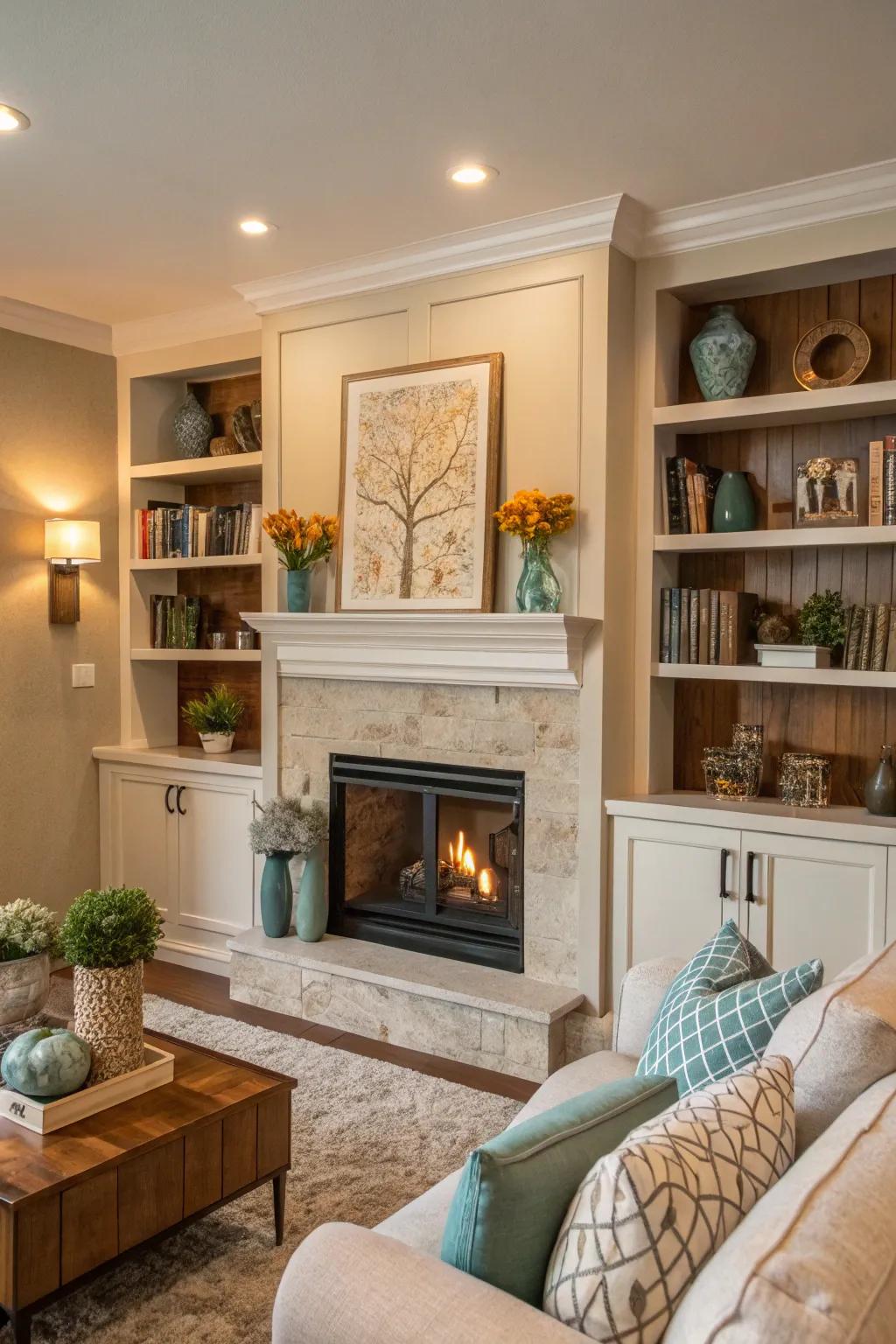 A harmonized palette enriches the visual charm of the shelves.