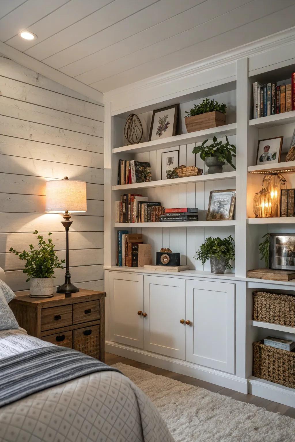 Charm and practicality offered by built-in shelves with shiplap.