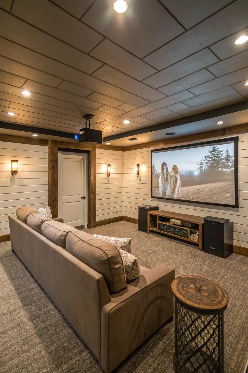 A home cinema in the basement with shiplap walls and deluxe seating.