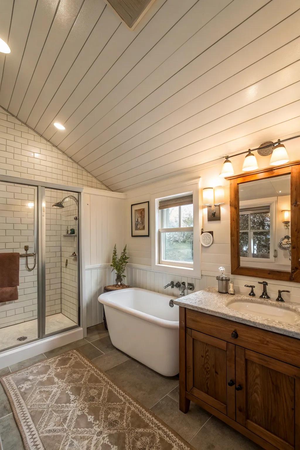 A bathroom showcasing wall planks overhead for a unified design.