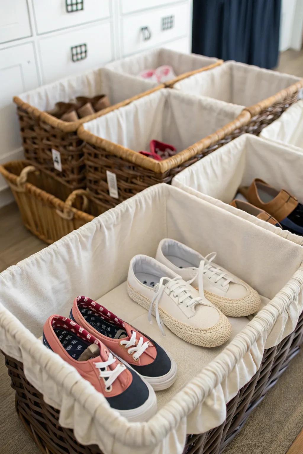 Baskets fitted with liners protect shoes and imbue a fresh look to the storage.