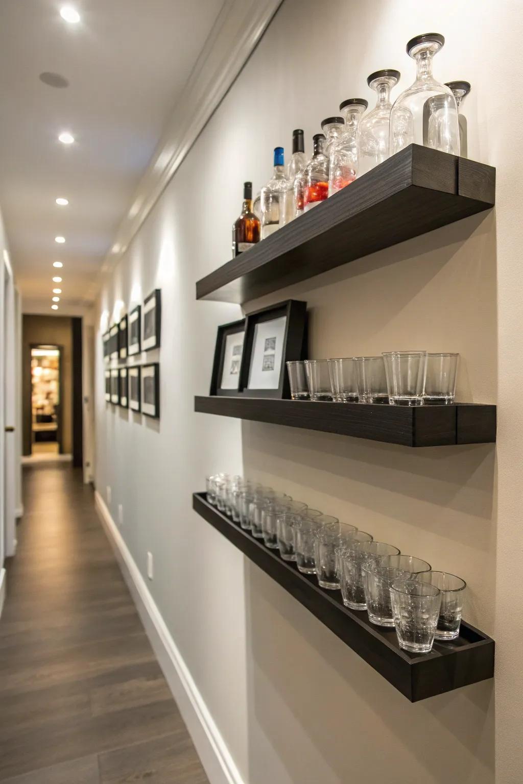 A corridor exhibits elevated surfaces adorned with collectible glasses, realizing a minimalist aesthetic.