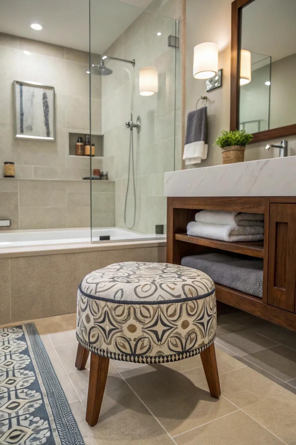 Decorative accents like stools add charm and functionality to the shower space.