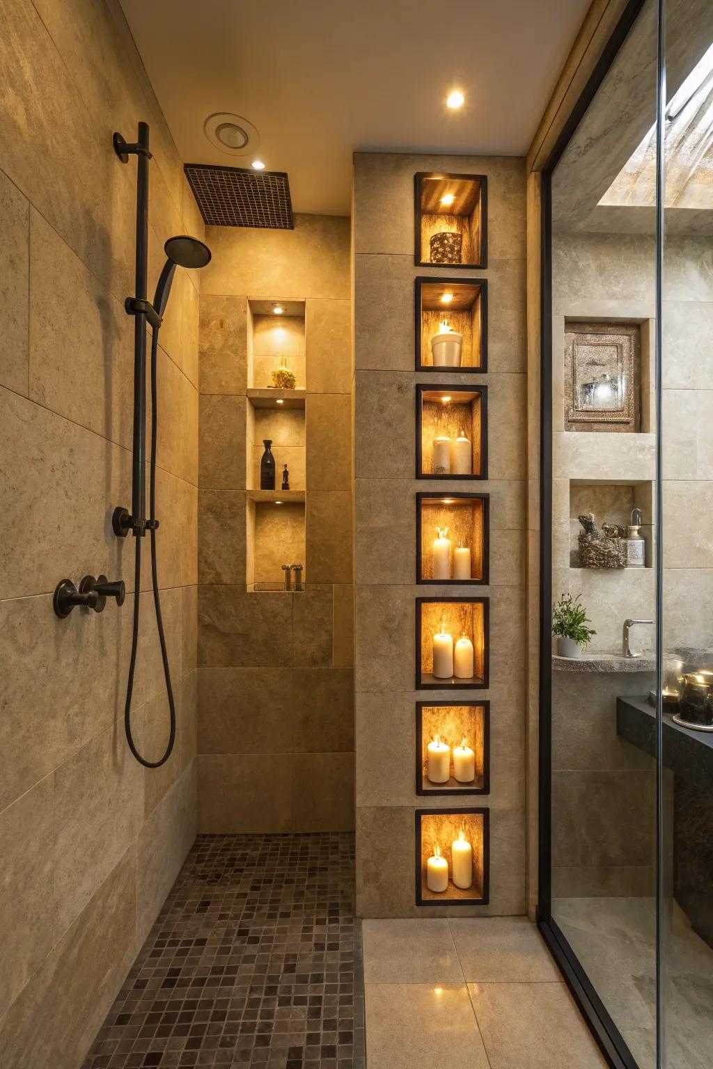Illuminated niches add style and functionality to the shower.