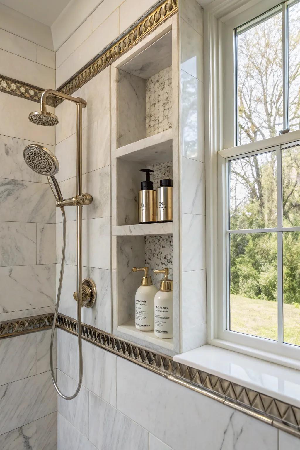 Metal accents add a hint of luxury to a shower recess