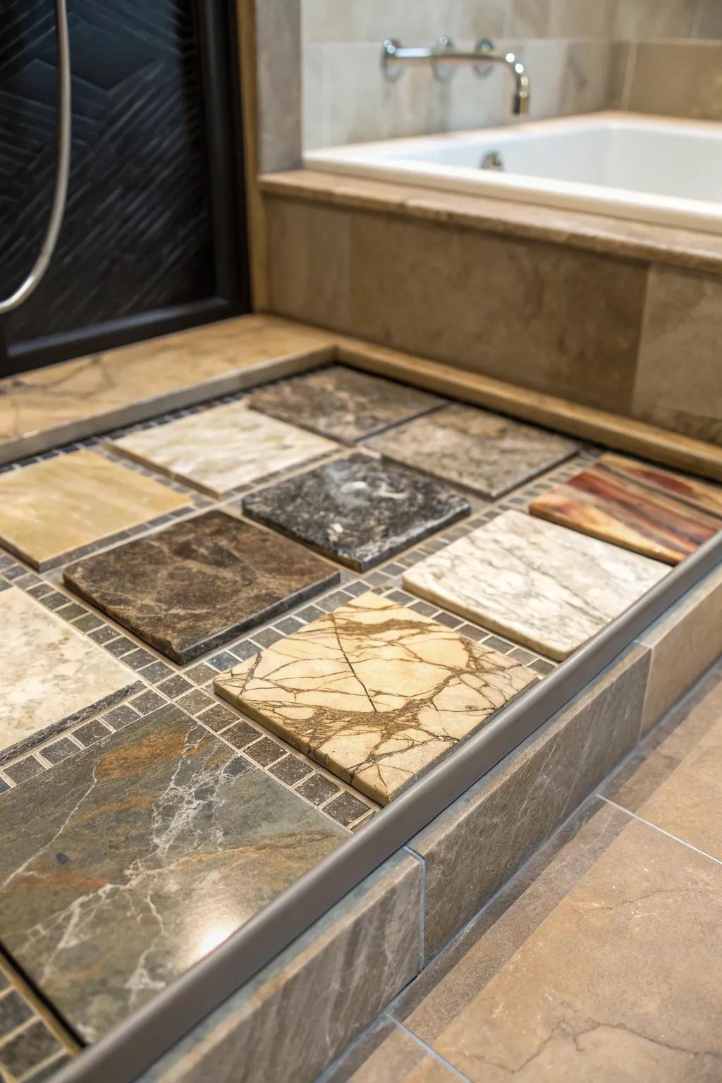 Organic rock tiles using distinct designs lend an upscale feel to this luxurious shower base.