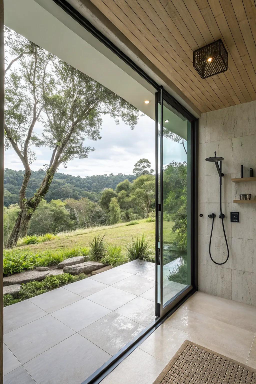 A shower space designed to frame stunning outdoor views.