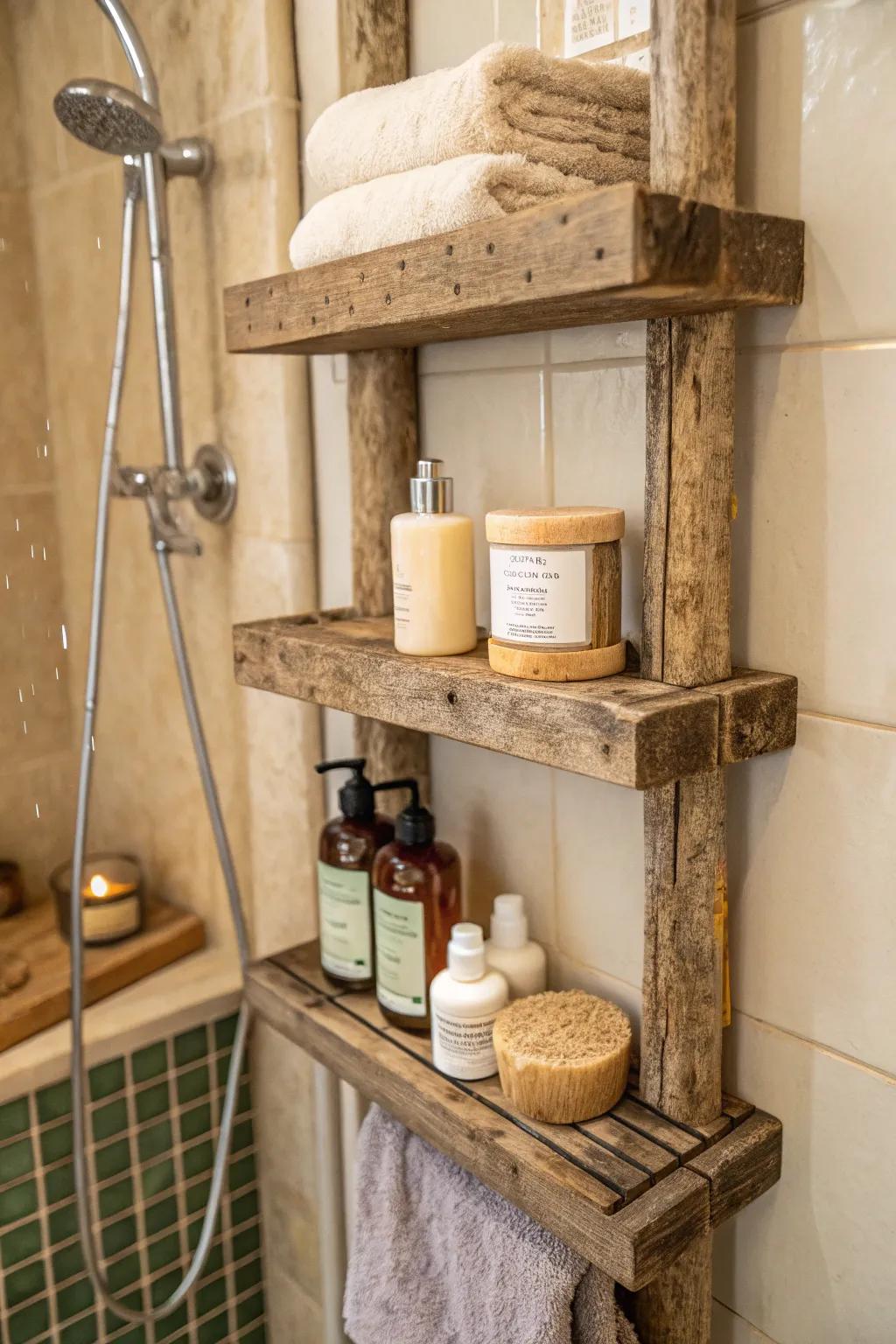 Wooden accents bring warmth and personality to bathroom spaces.