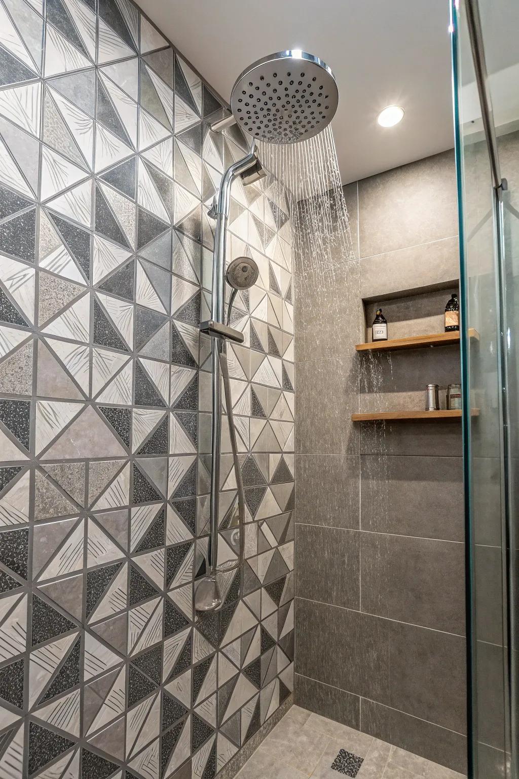 Angular grey tiles for a contemporary shower pattern.