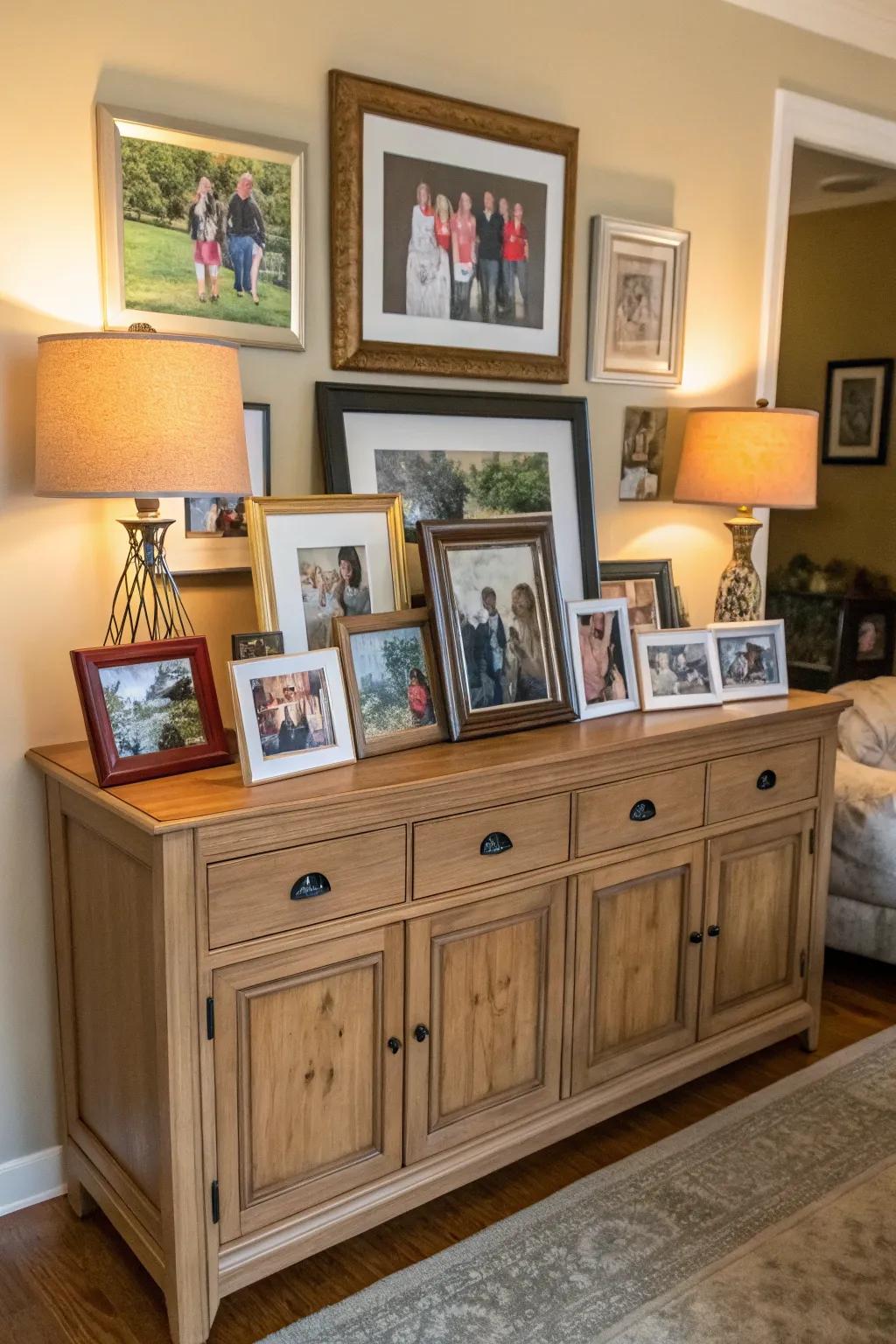 Personal accents with family shots on a credenza create warmth and familiarity.
