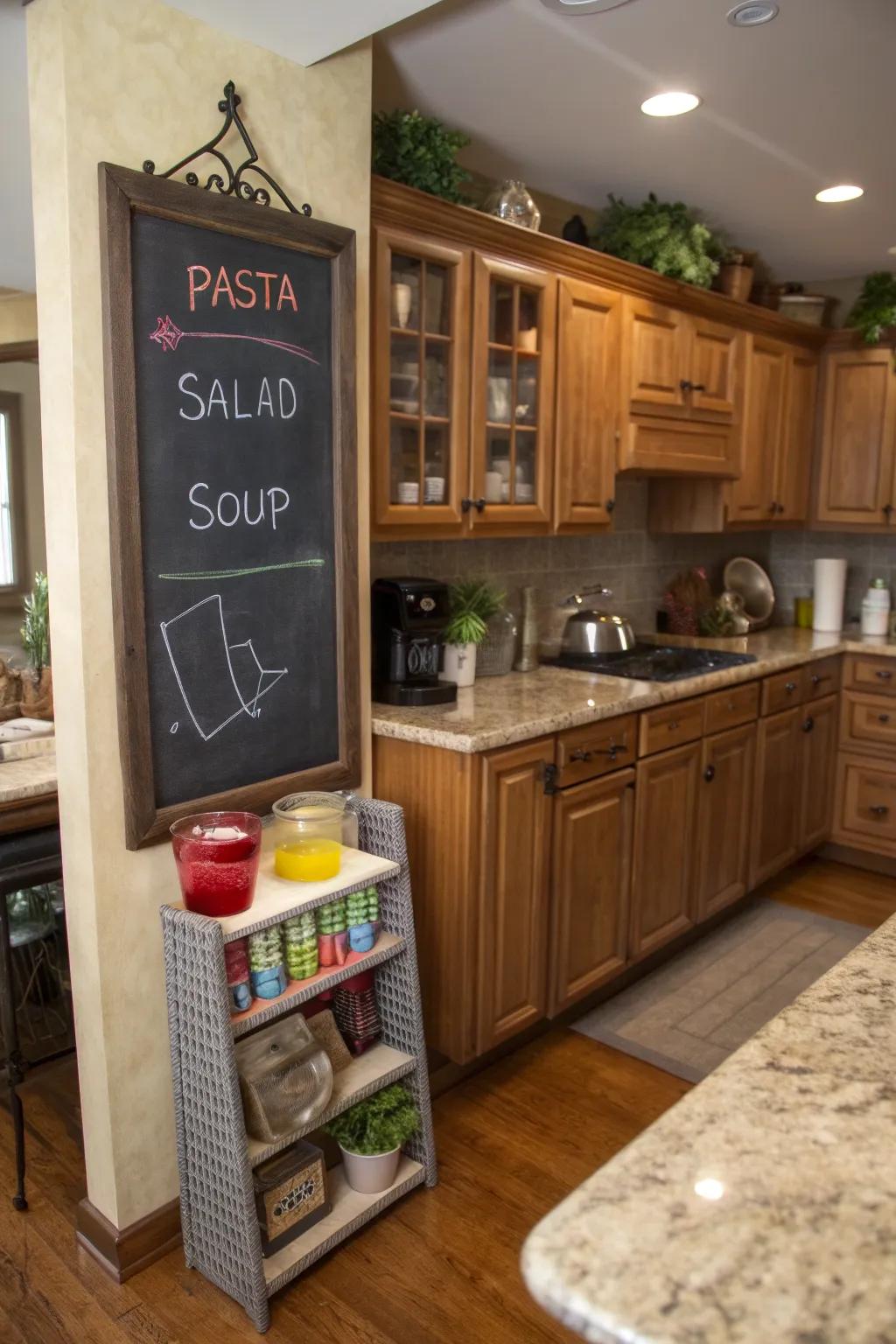 A kitchen showcases a marking board menu display showing the week's meals.