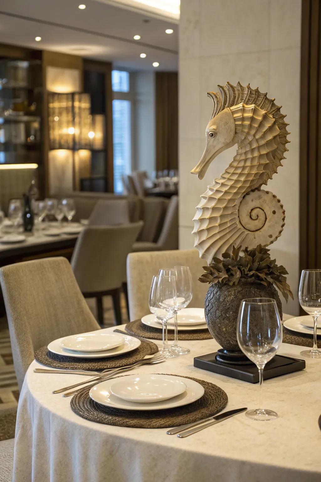 A carved piece creates a striking focal point.