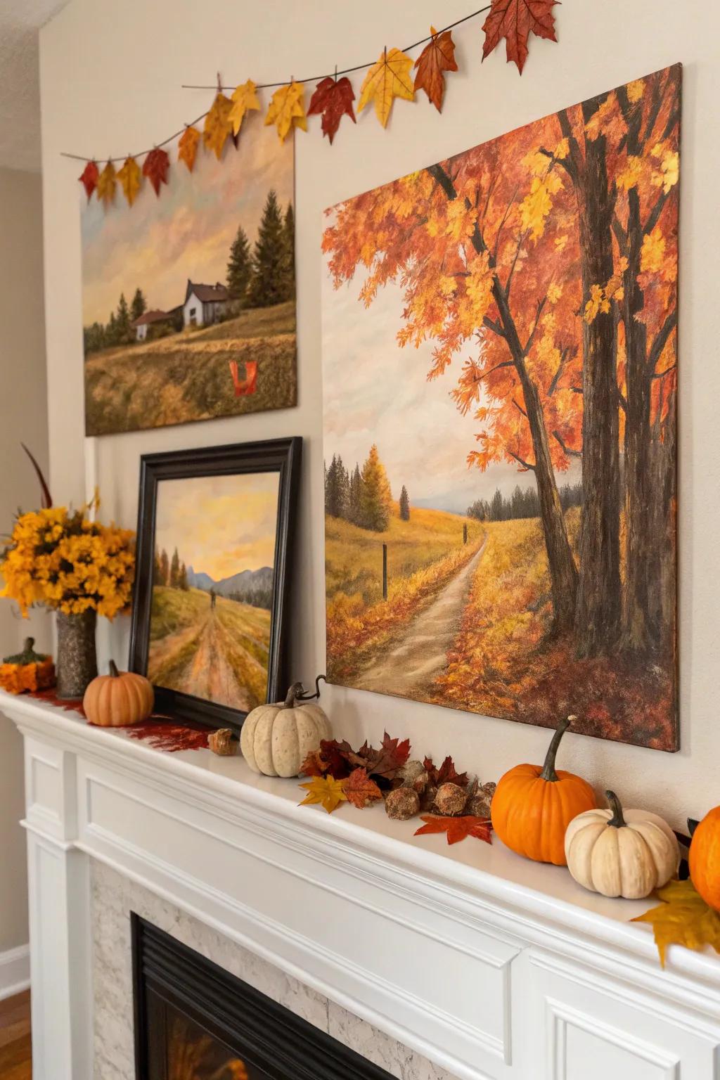 Autumn canvases that enhance the seasonal theme of the mantel.