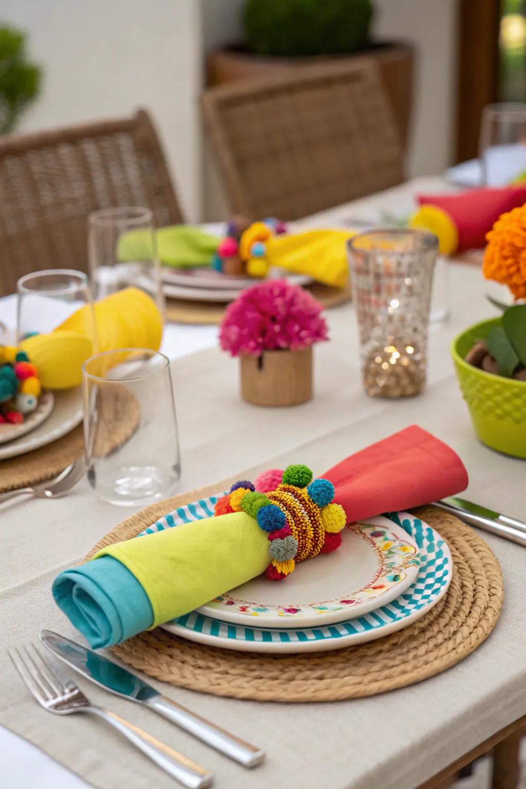 Colorful napkin rings add a splash of color to the table.