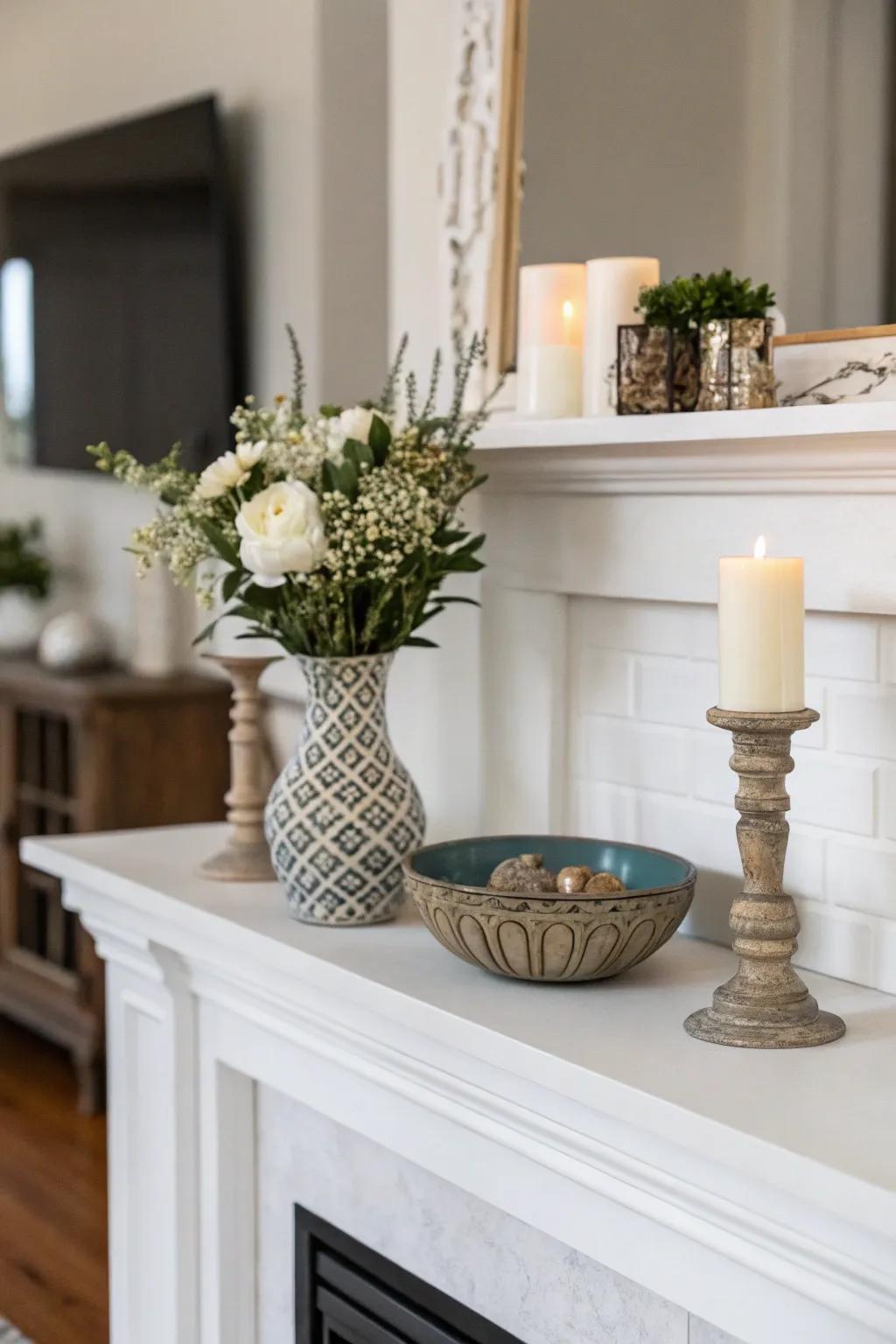 Minimalism endows this mantel with a pristine and polished style.