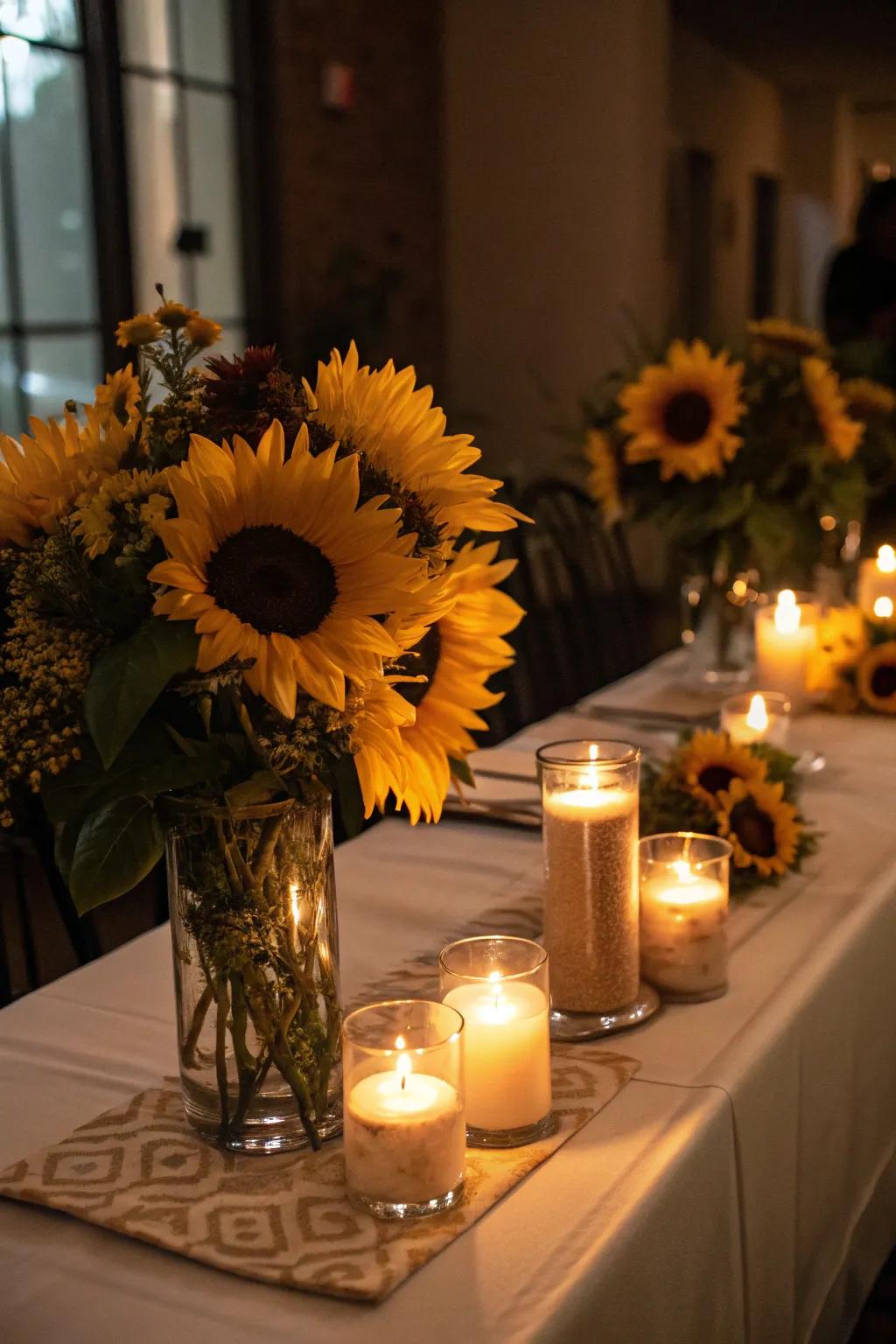 Sunflowers teamed with candlelight construct a heartfelt and welcoming vibe.