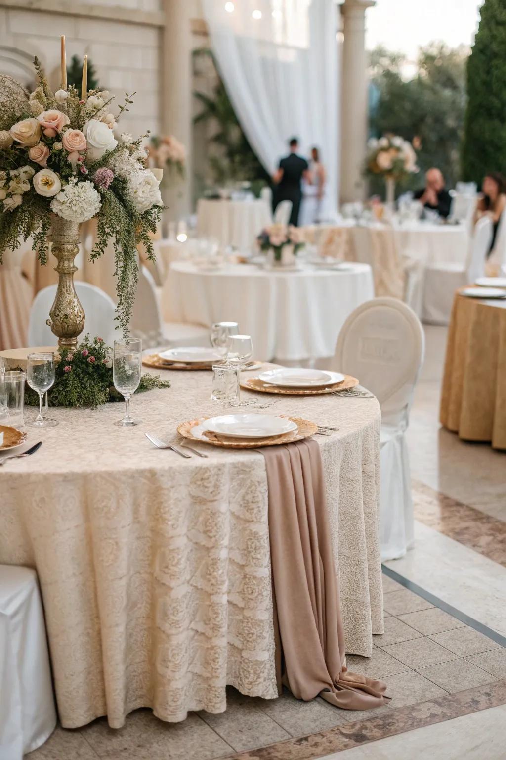 Structured fabrics in all-natural tints contribute depth.