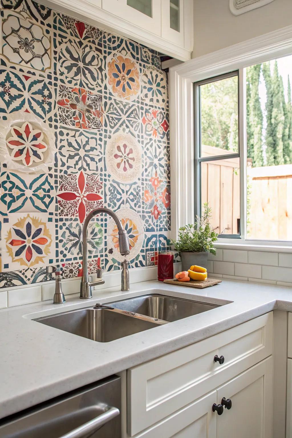 A feature wall backsplash serves as a stunning center of interest in the cooking area.