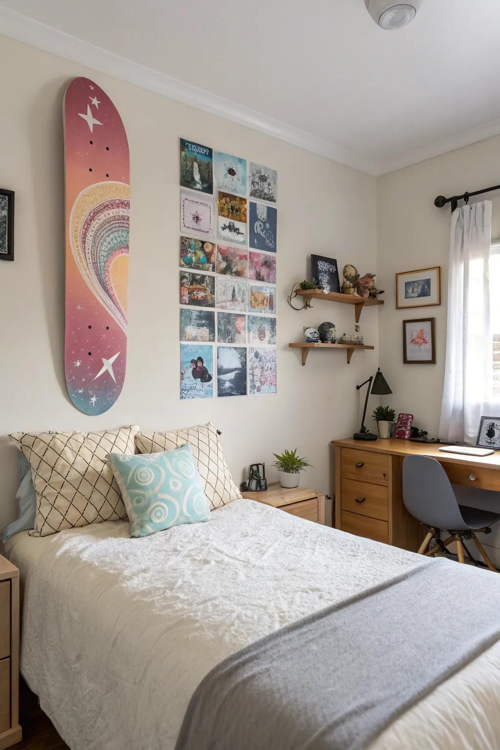 Make your bedroom your own with skateboard art.