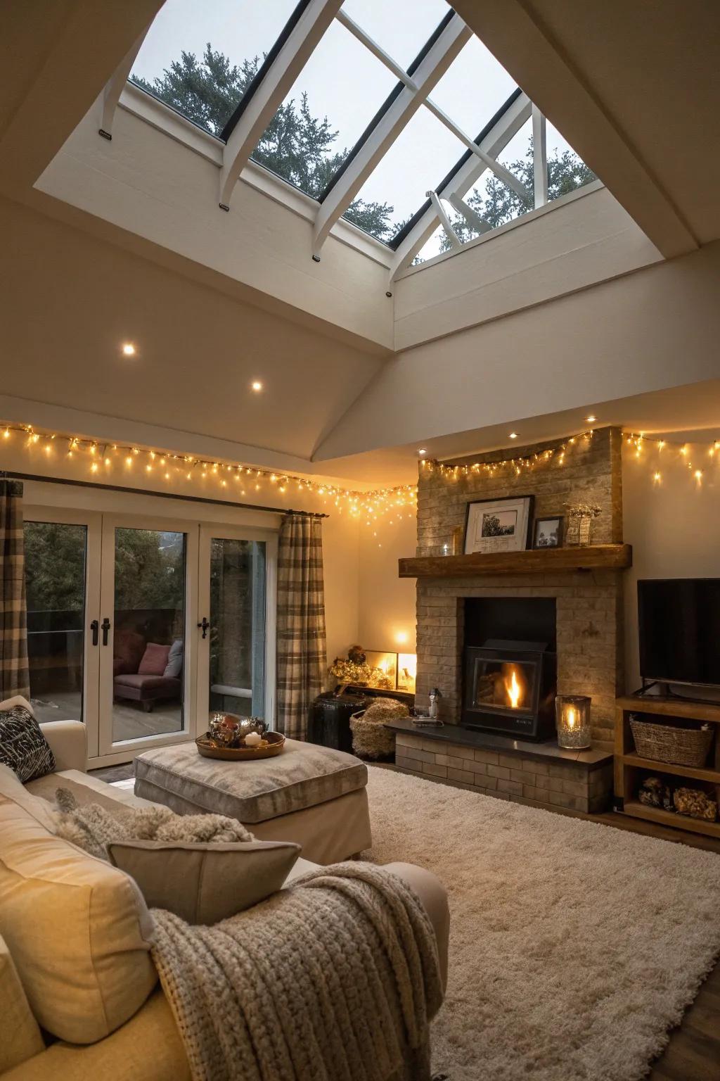 A cozy living room featuring a blend of light and warm illumination.